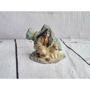 Vintage Native American Women And Wolf Figurine, thanksgiving decor Resin, 2 In